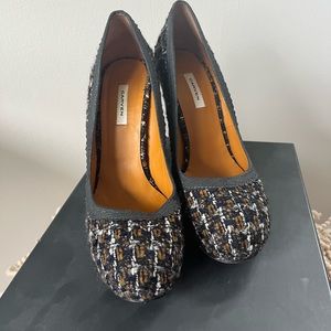 Carven Tweed Pumps with calf hair trimmed heels